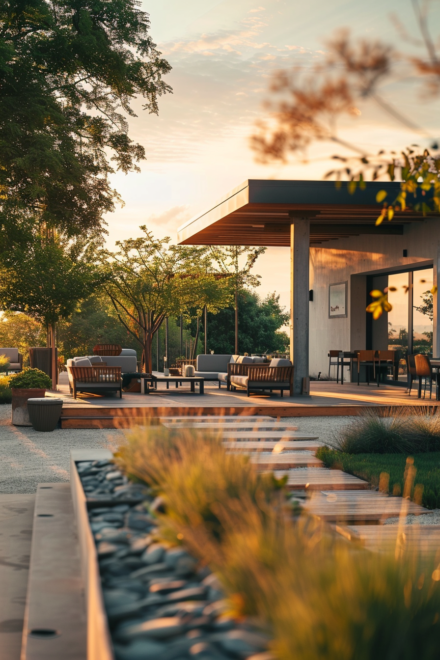 Outdoor patio with modern furniture at sunset, surrounded by greenery and pebble pathway.