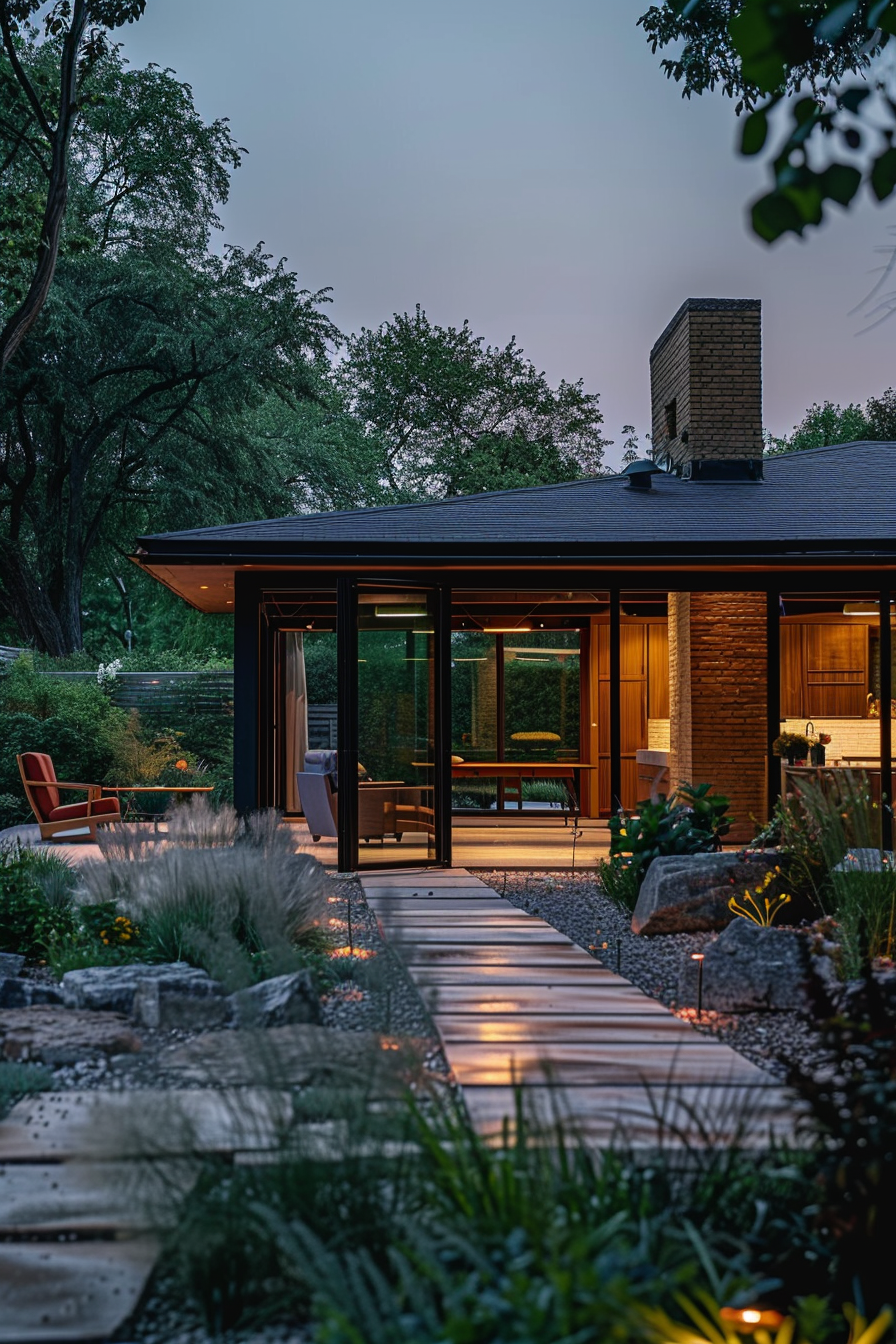 Modern house at dusk with lit interior and a stone path leading to the entrance, surrounded by lush greenery.