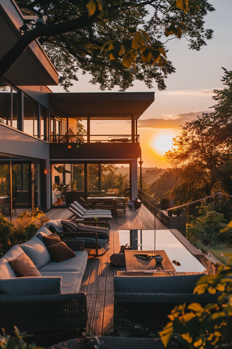 A modern terrace with cozy furnishings overlooking a stunning sunset amidst trees.
