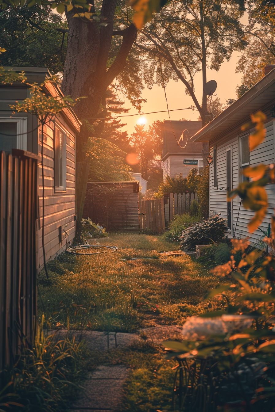 A serene backyard path flanked by houses and trees, bathed in the warm glow of a setting sun.