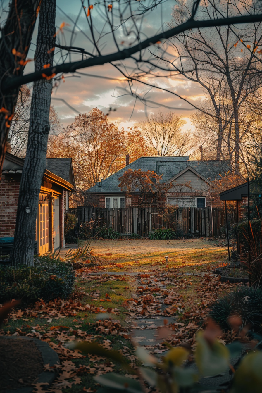 ALT text: Autumn sunset casting a warm glow on suburban houses, with scattered fallen leaves and bare trees against a cloudy sky.