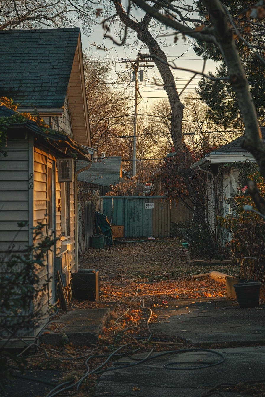 Sunset light filtering through a cozy backyard alley with houses, bare trees, and scattered leaves.