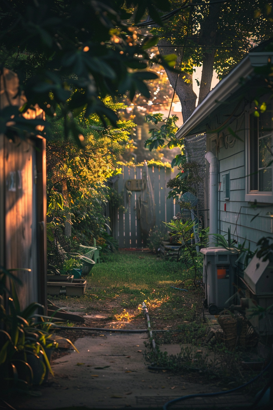 A serene backyard scene at dusk, with sunlight filtering through trees, highlighting a path leading to a garden gate.