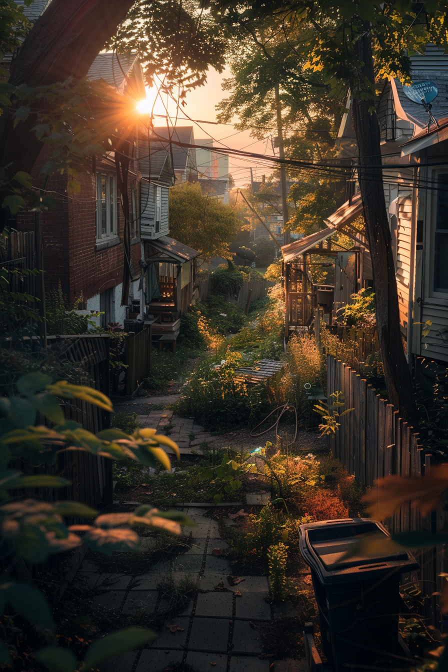 A serene alley between houses at sunset with sunbeams piercing through trees, highlighting the overgrown greenery and rustic surroundings.