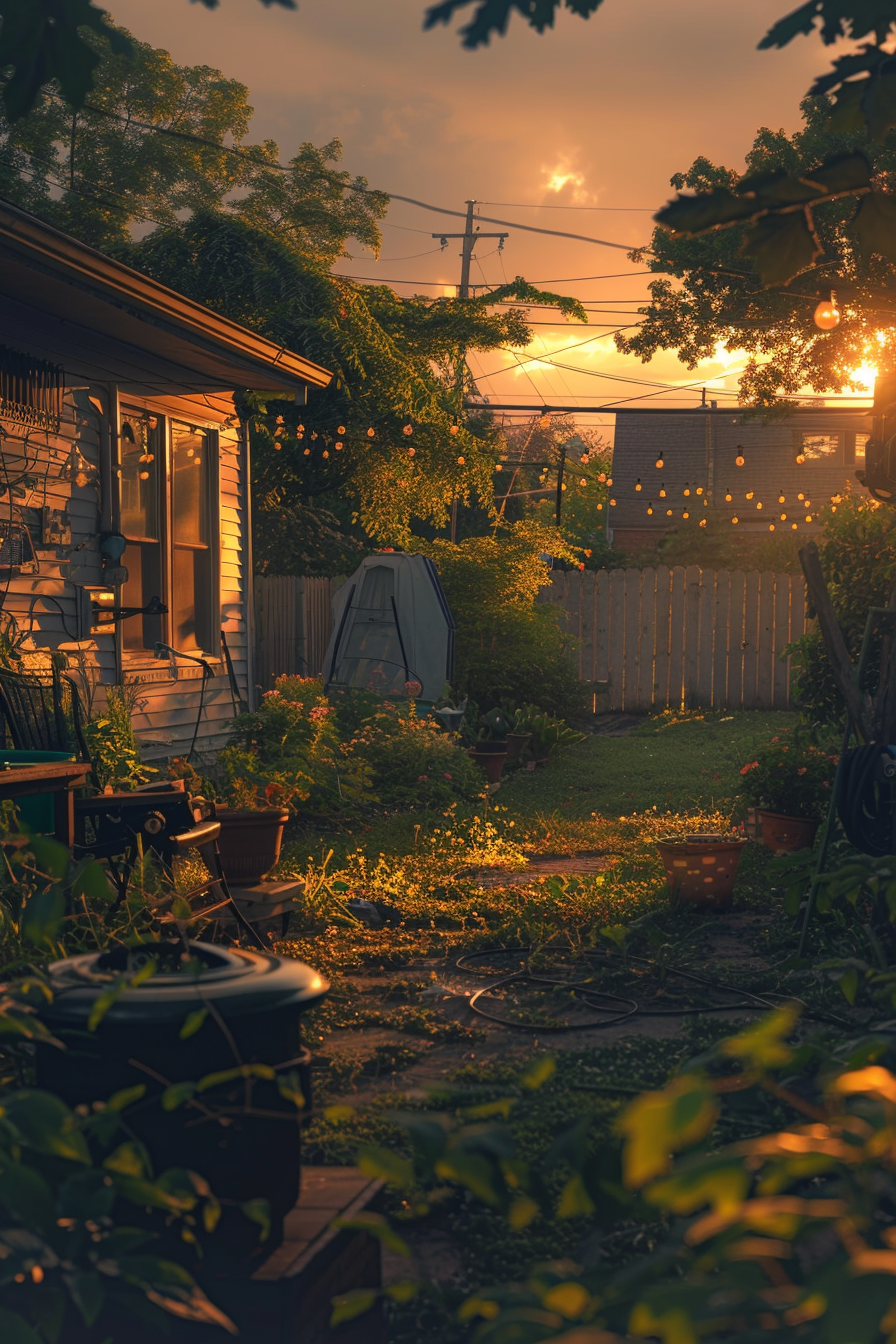 ALT: Cozy backyard at sunset with warm lighting, plants, a porch, hanging lights, and a fenced garden exuding a tranquil suburban evening vibe.
