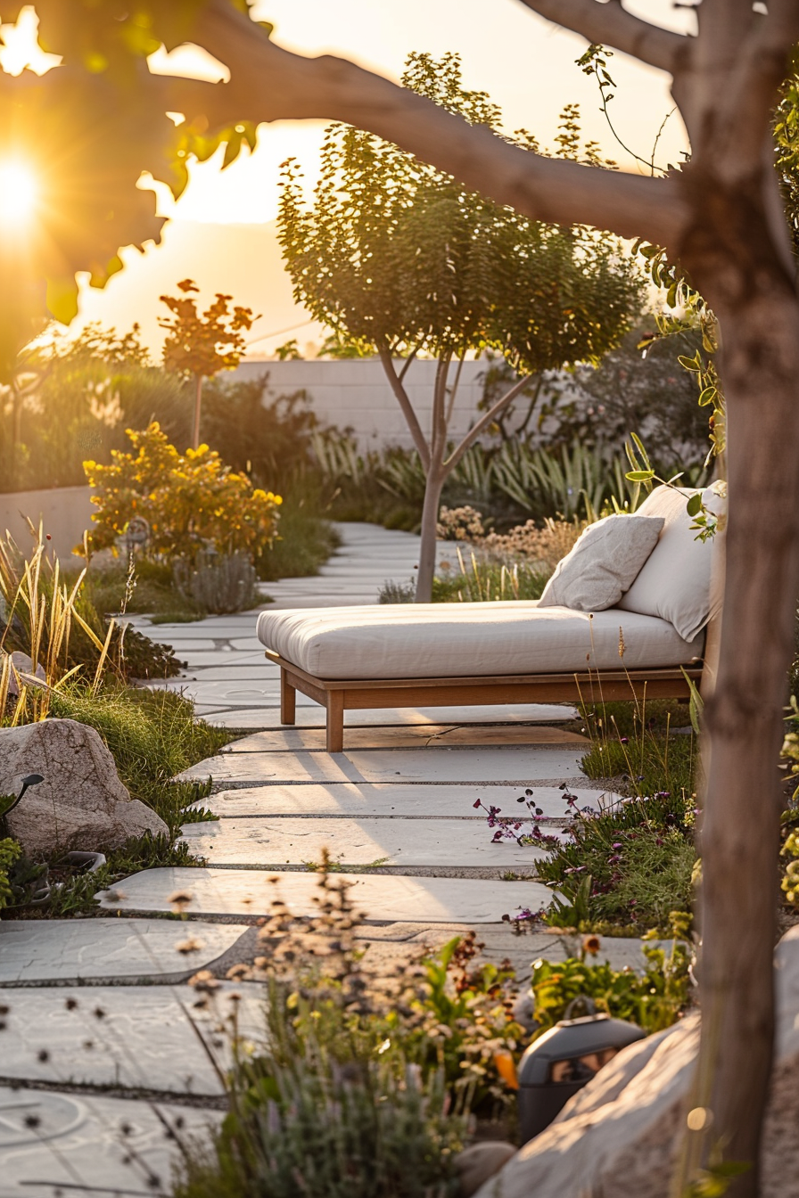 A tranquil garden at sunset with a path leading to a wooden daybed surrounded by greenery and blooming flowers, bathed in warm golden light.