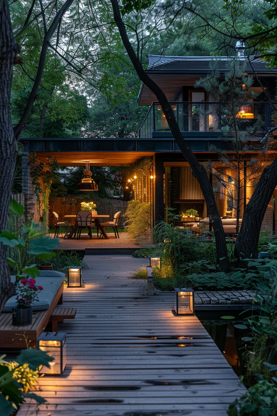 Twilight view of a serene garden with string lights, a wooden walkway leading to a cozy house surrounded by lush greenery.