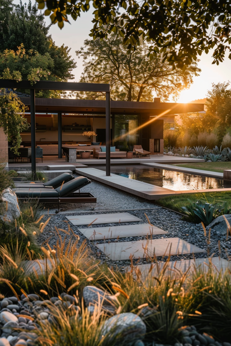 "Sunset view of a modern backyard with a reflection pool, contemporary furniture, and landscaped garden, highlighting serene outdoor living."