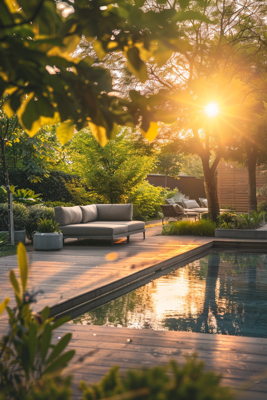 ALT: A serene garden with a pool at sunset, wooden deck leading to a comfy sofa lounge, trees in the background casting a warm light.