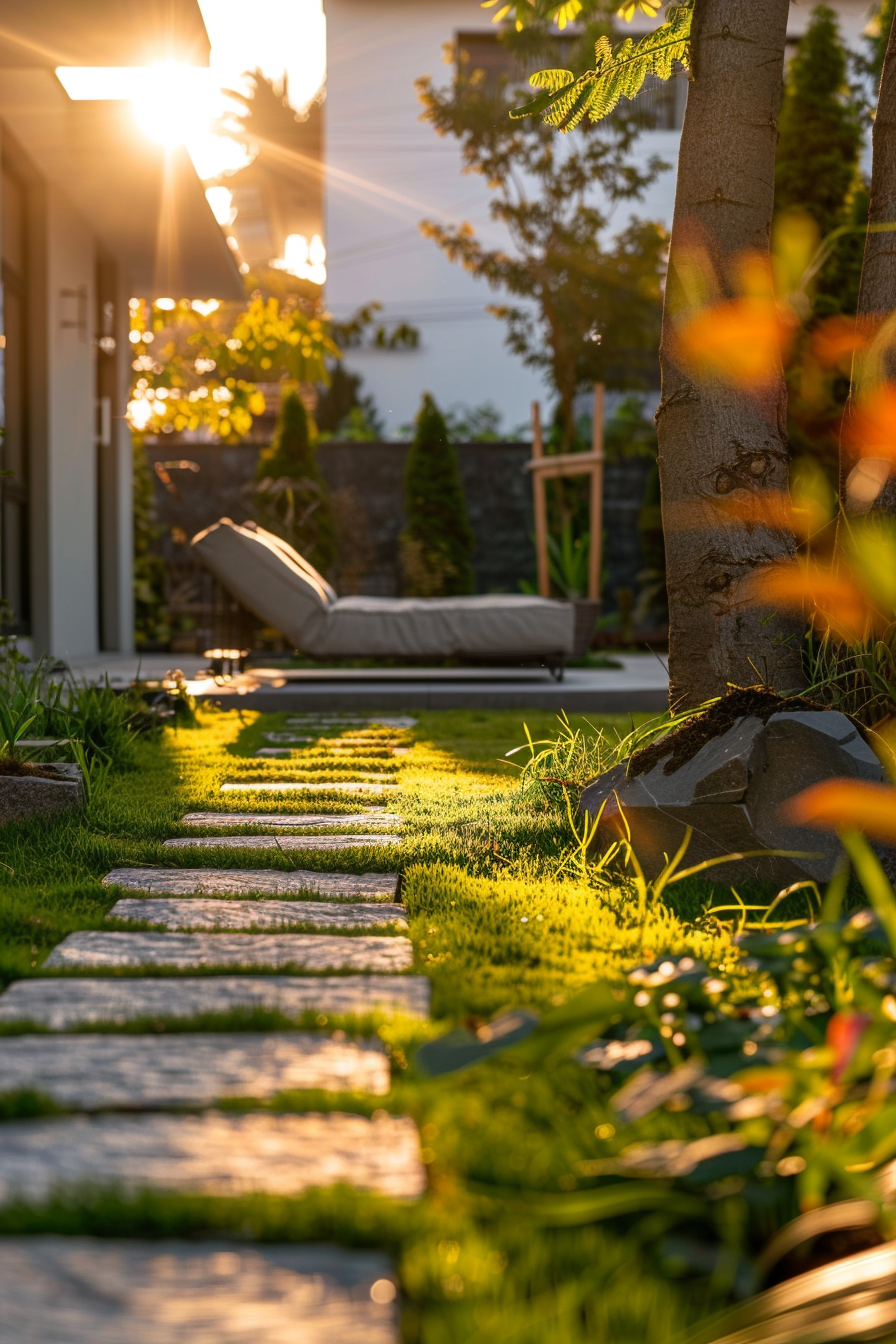 A tranquil garden pathway lined with stepping stones leading to a relaxing lounge chair, bathed in warm sunlight.