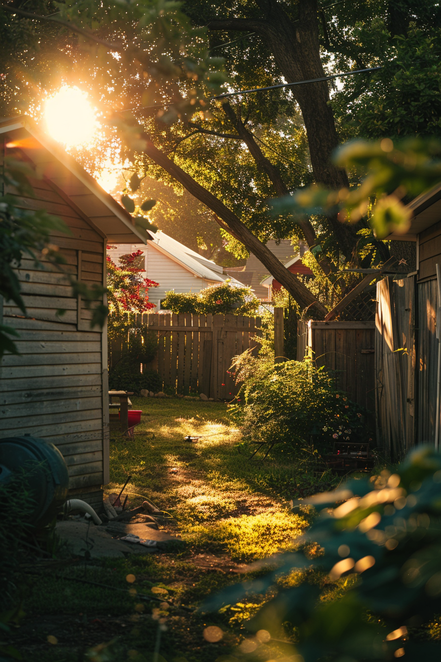 Sunlight filtering through trees in a cozy backyard during golden hour, casting dappled light on the grass and garden.