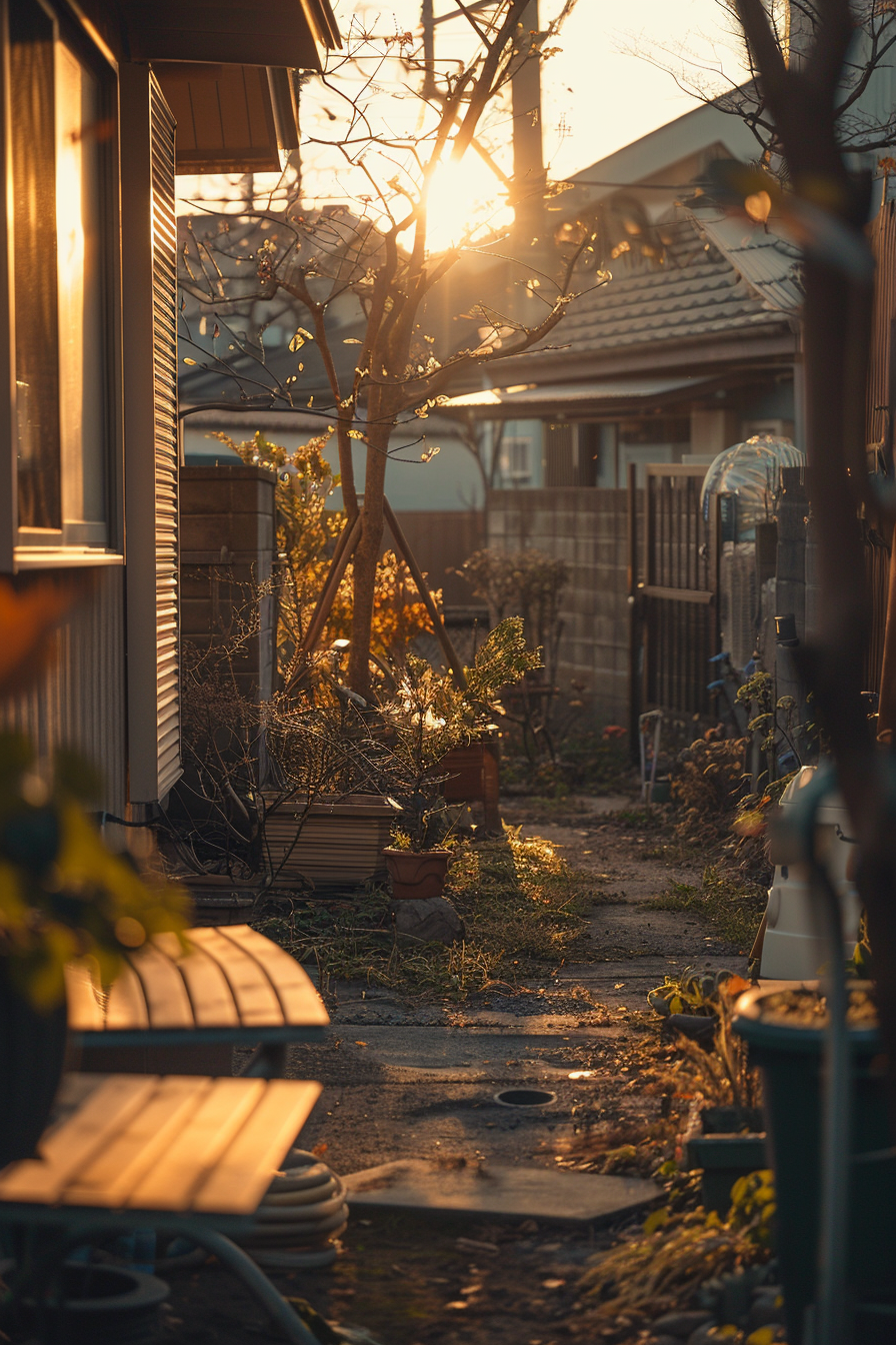 Warm sunset light filters through a serene backyard with a tree and a wooden bench, casting a tranquil golden glow.