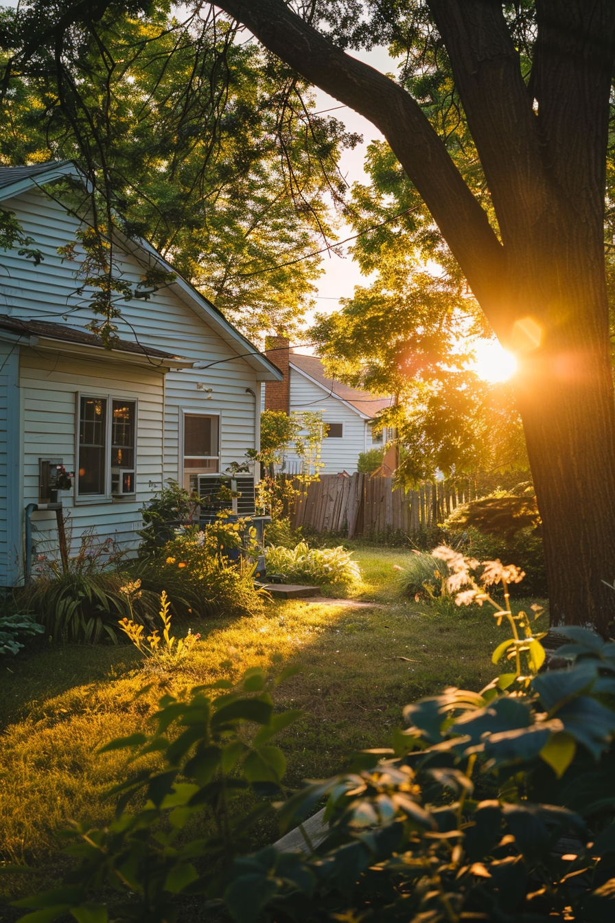 Sunset casting a warm glow on a serene backyard with a blue house, trees, and a well-tended garden.