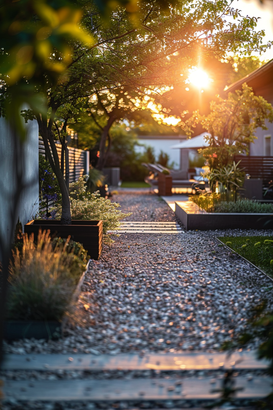 Sunset light filters through trees onto a serene garden path with plants and a wooden bench, evoking a peaceful atmosphere.