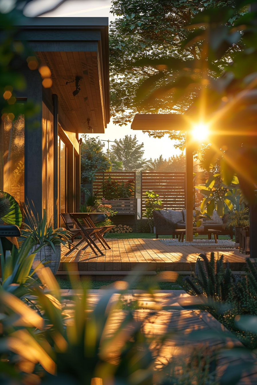 An inviting backyard patio at sunset with wooden decking, comfortable chairs, and lush plants, bathed in warm, golden light.