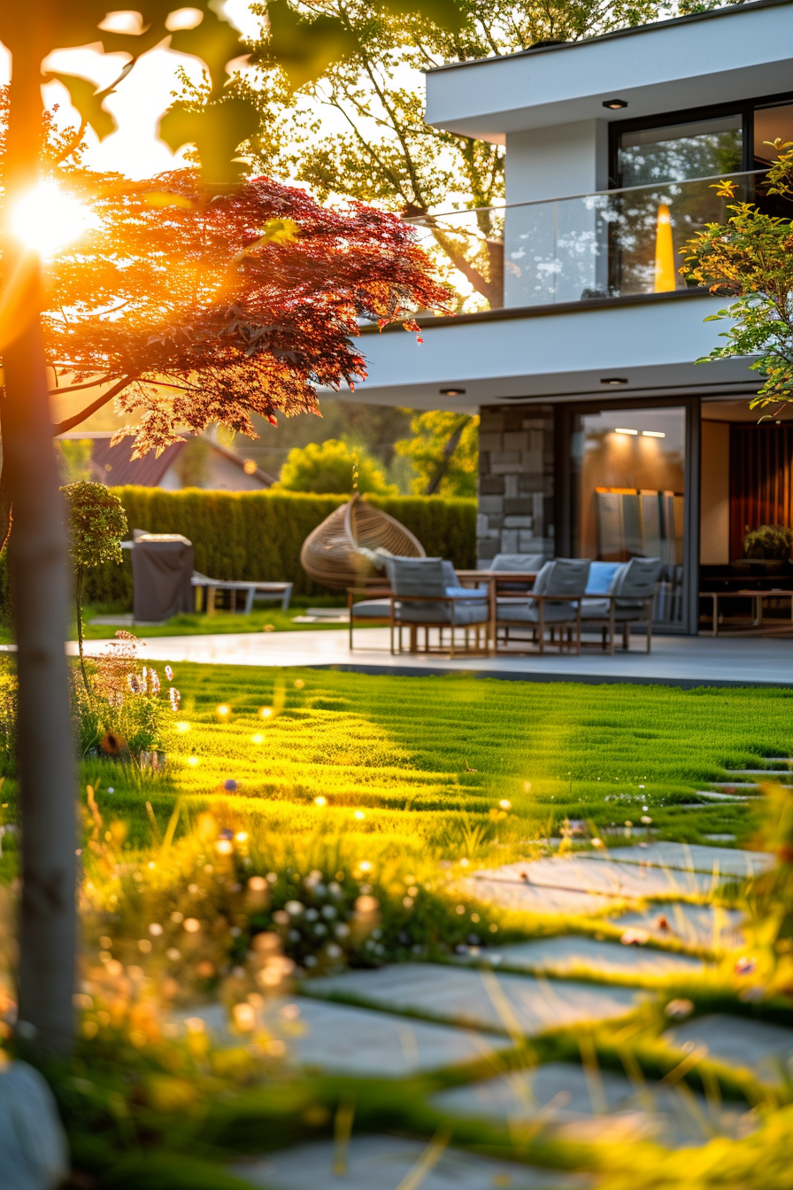 Sunset illuminating a modern house with a lush garden, outdoor furniture, and a hanging chair on the patio.