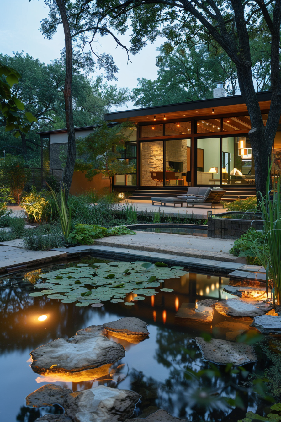 Modern house with large glass windows at dusk, reflected in a garden pond with lily pads and stepping stones.