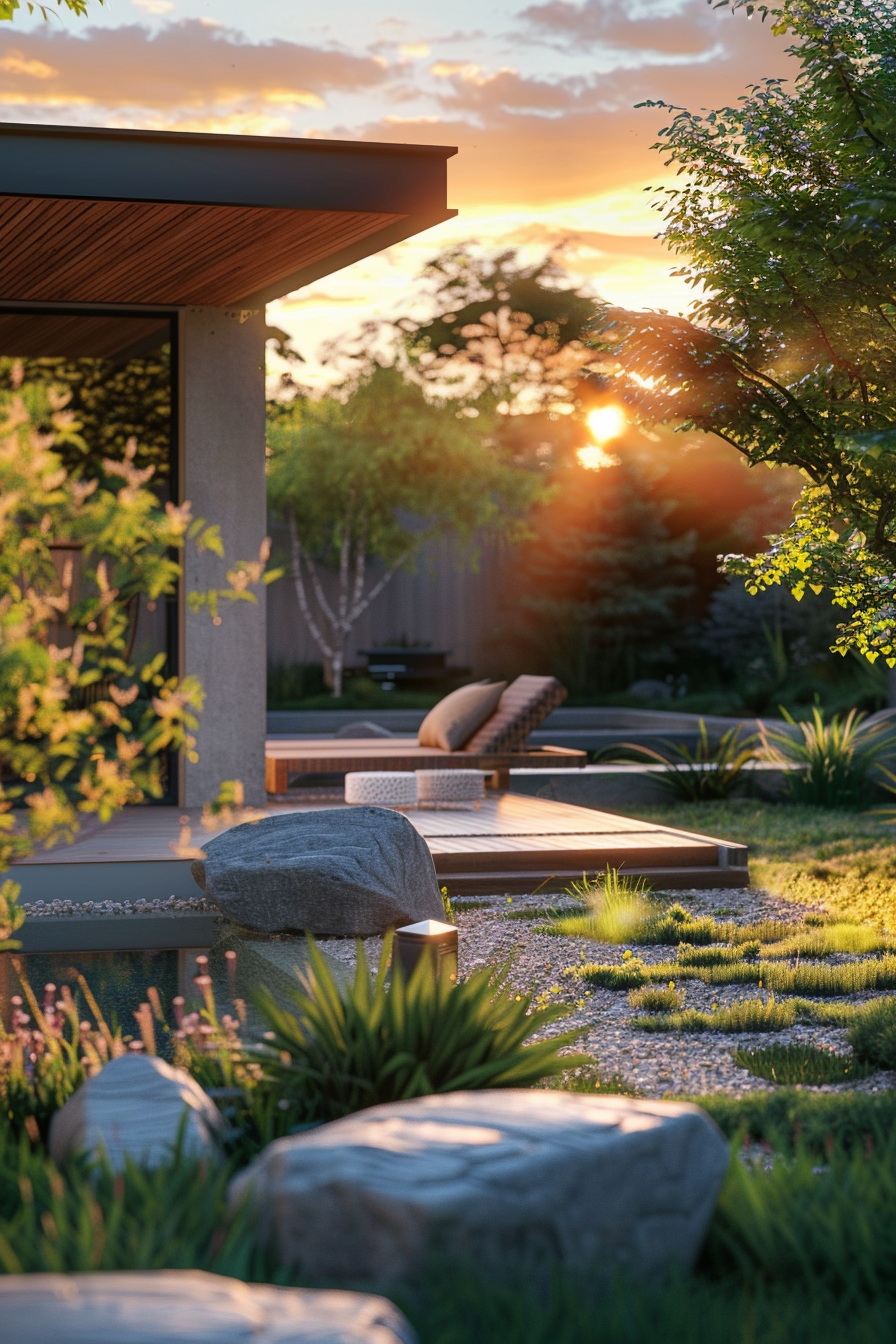 A serene garden at sunset with warm sunlight filtering through trees, highlighting a modern outdoor lounge area with stylish furniture.