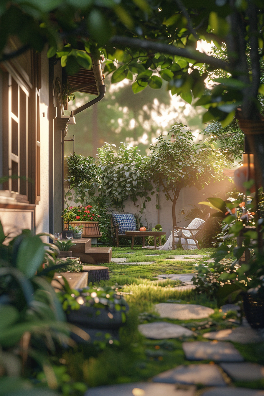 Cozy garden with stepping stones, lush greenery, a wooden bench, and warm sunlight peeking through the leaves.