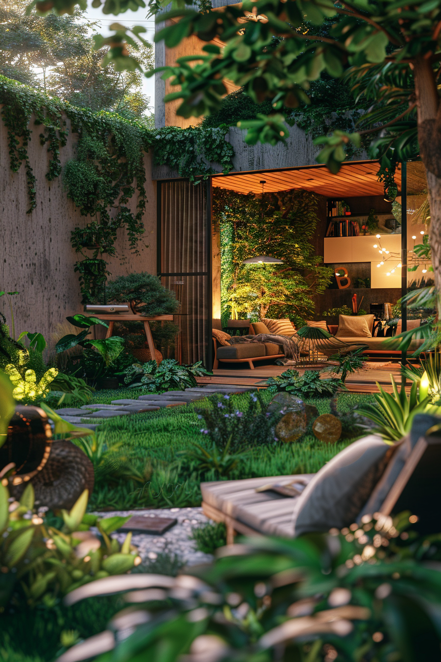 Cozy outdoor living space lush with greenery, featuring comfortable seating, plants, and warm lighting.