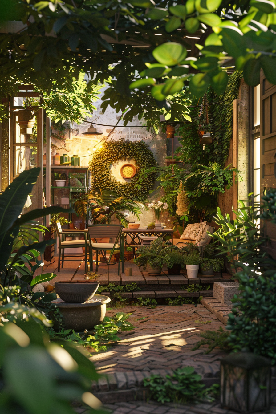 A serene garden patio with lush foliage, hanging pots, and a cozy seating area, illuminated by warm sunlight.