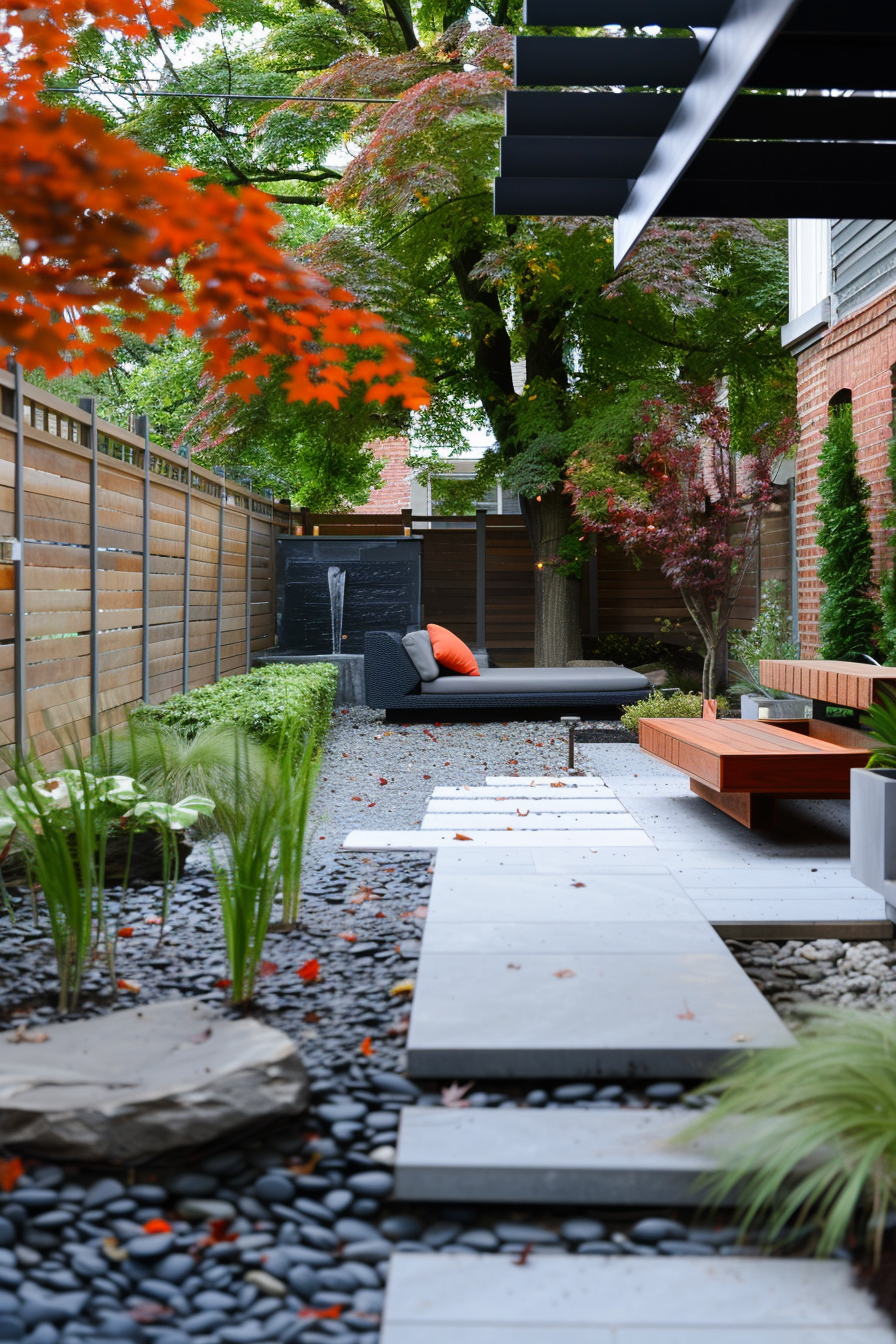 A modern backyard garden with a stepping stone path, a daybed with orange cushions, wooden benches, and lush greenery.