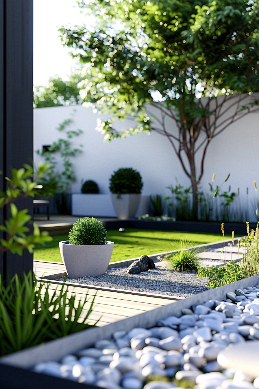 Modern garden design with neatly arranged plants, white pebbles, and a serene atmosphere.