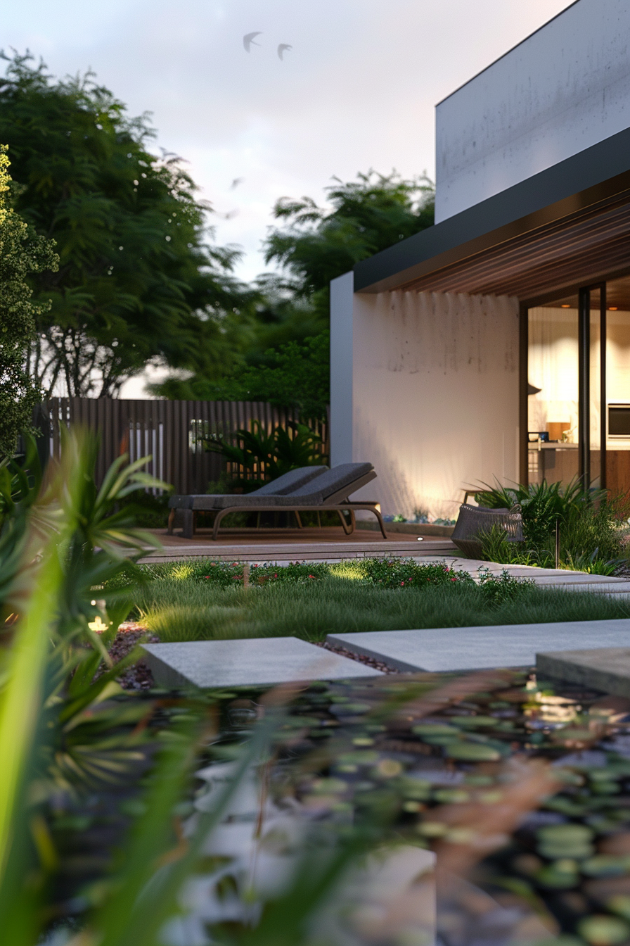 Modern house exterior at dusk with illuminated interior, outdoor furniture, landscaped garden, and a water feature with lily pads.