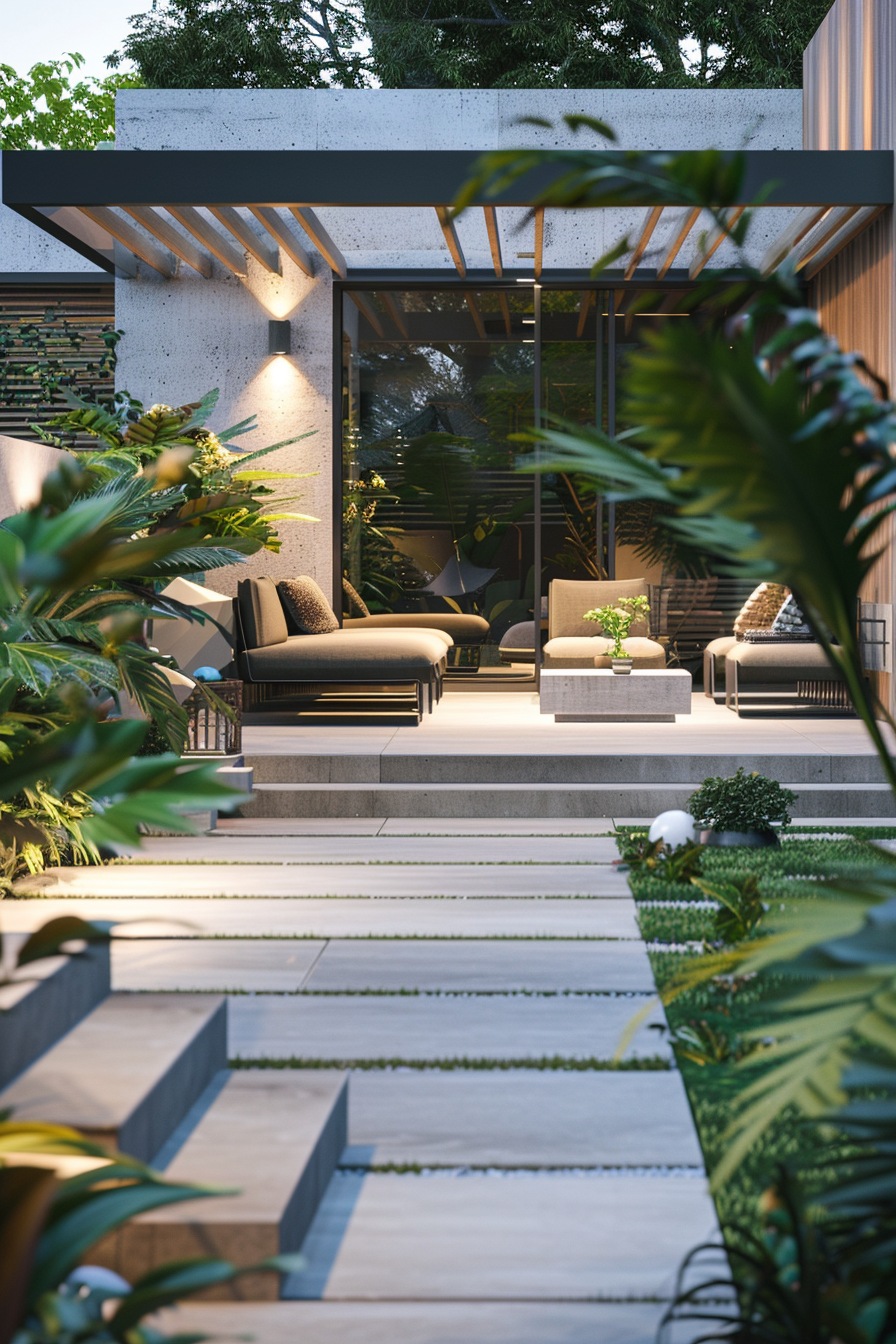 Modern house patio with outdoor furniture, plants, and steps leading to a glass-walled room, illuminated in twilight.