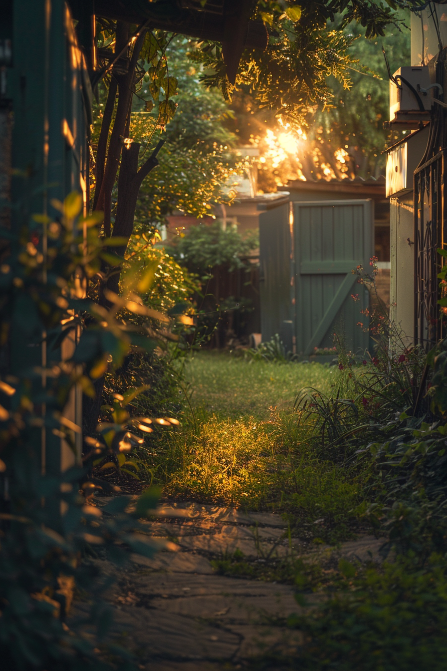 A tranquil garden pathway lit by the warm glow of a setting sun, creating a serene, golden atmosphere.