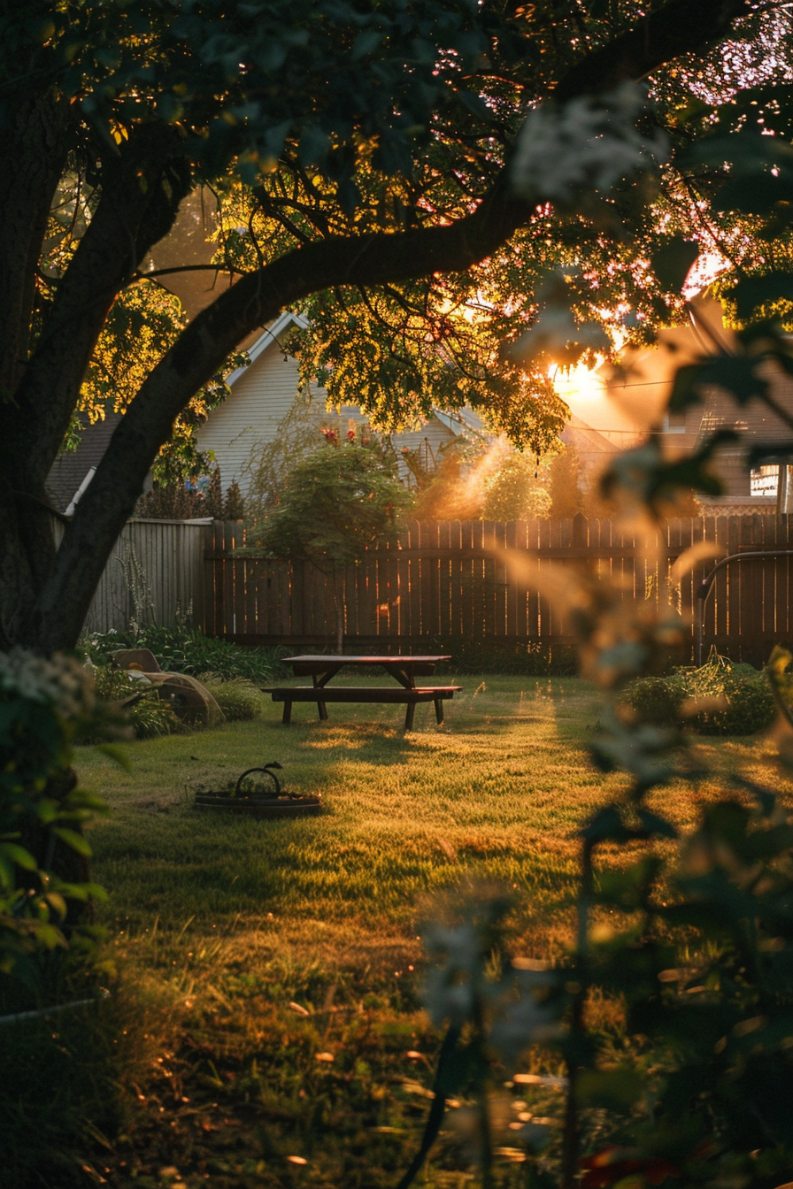 ALT text: Warm sunlight piercing through trees in a serene backyard with a wooden picnic table, casting a golden glow on the lush green grass.