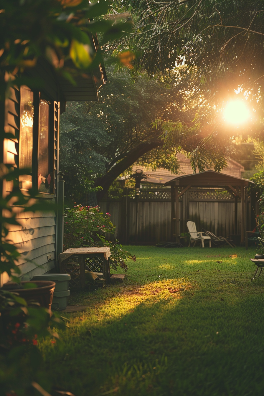 A serene backyard with sunlight filtering through trees, a bench and a gazebo, highlighting a peaceful evening ambiance.