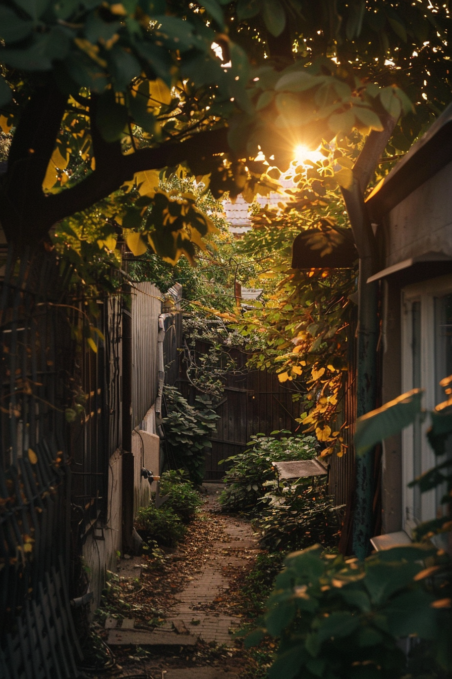 Sunlight peeks through leafy green trees above a serene, narrow path between fences and quaint buildings.