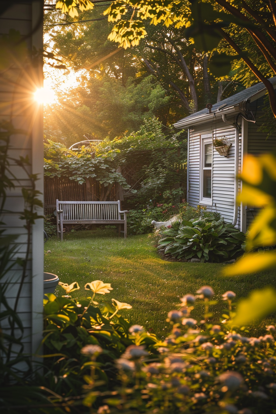 A serene backyard garden at sunset with sunlight filtering through trees, highlighting a bench and lush plants near a small shed.