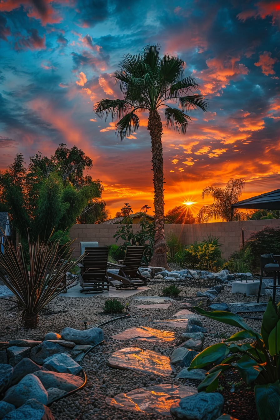 Sunset over a backyard oasis with a palm tree silhouette, lounge chairs, and a rocky pathway illuminated by the warm glow of the setting sun.