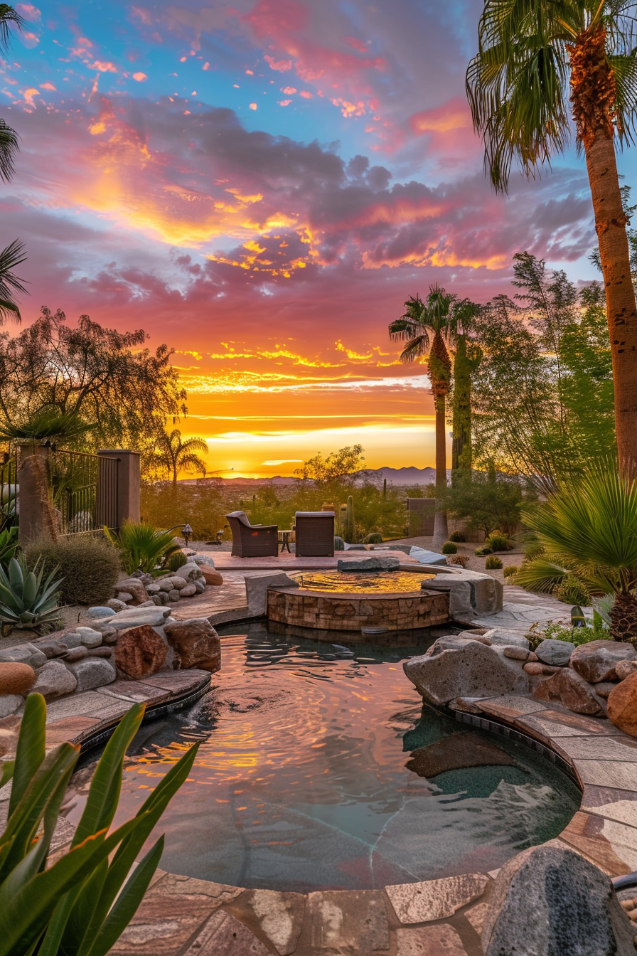 A serene backyard with a pool and spa, reflective of a vibrant sunset sky with orange and pink clouds, flanked by palm trees.