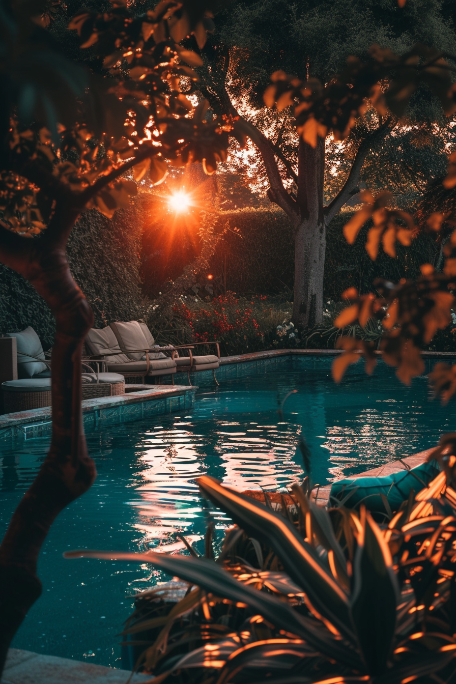 Sunset peeking through garden foliage by a tranquil pool with reflections dancing on the water surface.