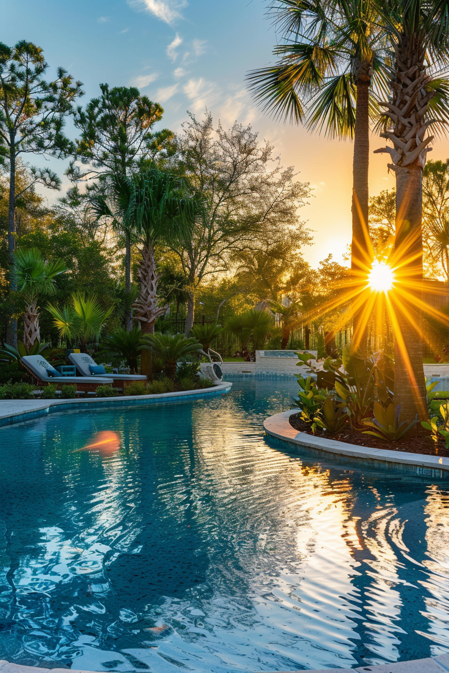 Sunset view over a tranquil resort pool surrounded by palm trees and loungers with sun rays piercing through the foliage.