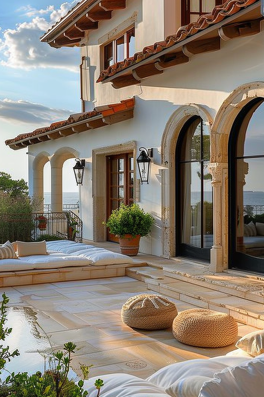 Elegant Mediterranean-style terrace with arches, cushioned benches, wicker poufs, and a view of the sea at sunset.