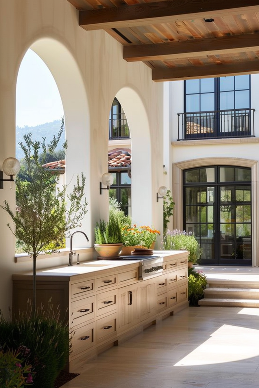 Luxurious open-air kitchen with wooden cabinetry, stone countertops, and arched doorways leading to a sunlit patio.