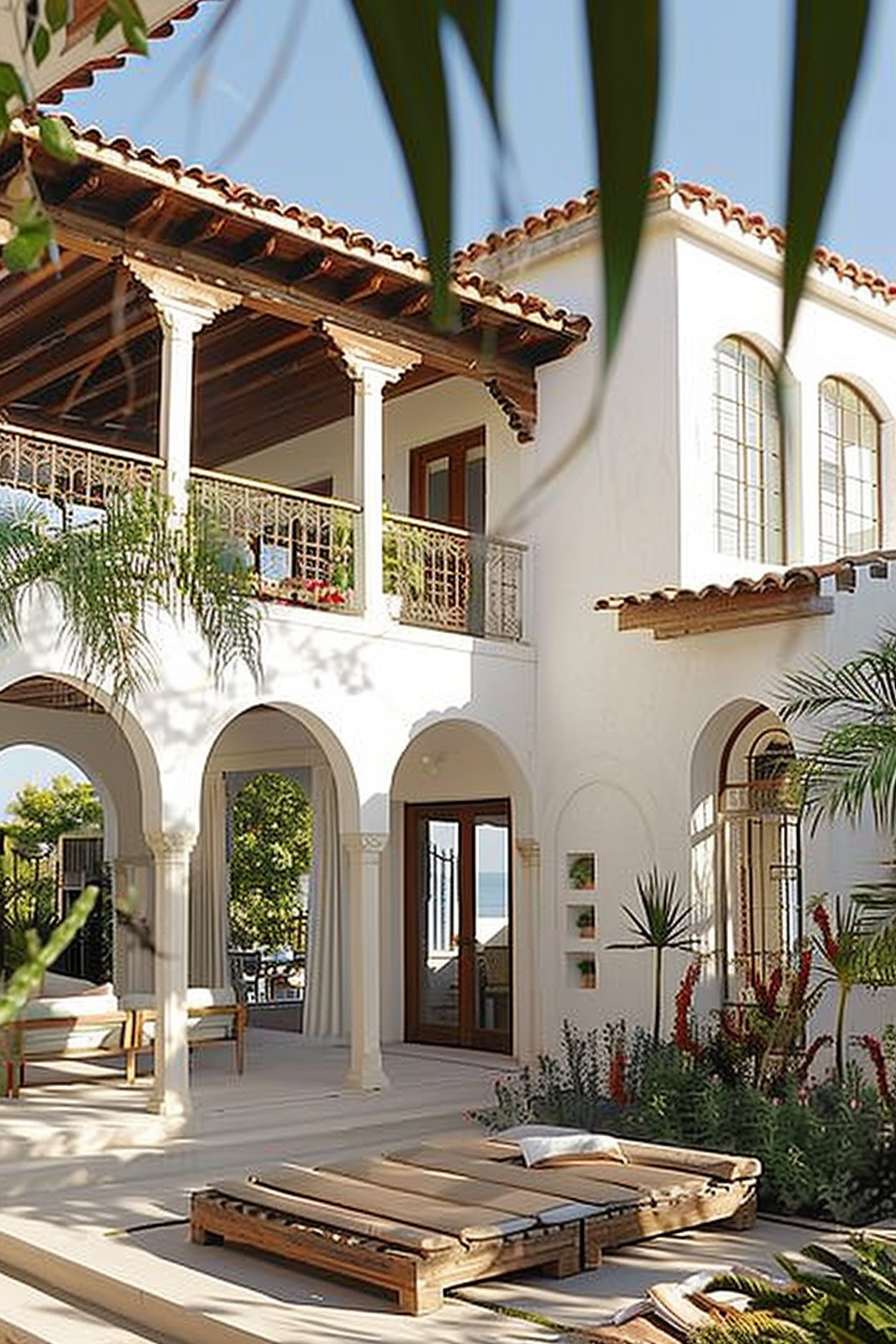 Spanish-style villa facade with archways, a balcony with iron railings, terra cotta roofs, large windows, and sun loungers.