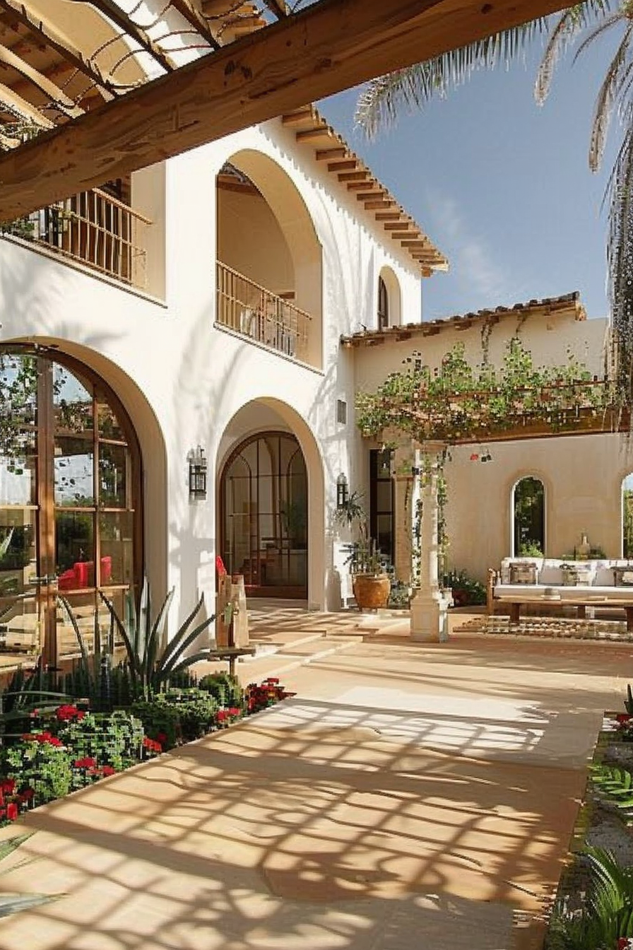A serene patio of a Mediterranean-style villa with archways, hanging plants, and a pergola casting shadows on the tiled floor.