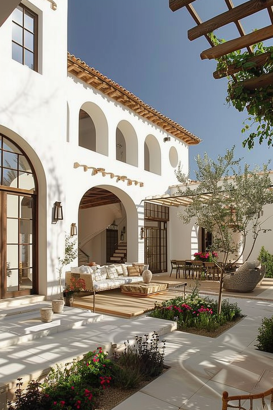 Spanish style courtyard with arches, outdoor seating, lush greenery, and terracotta roofing under a clear blue sky.