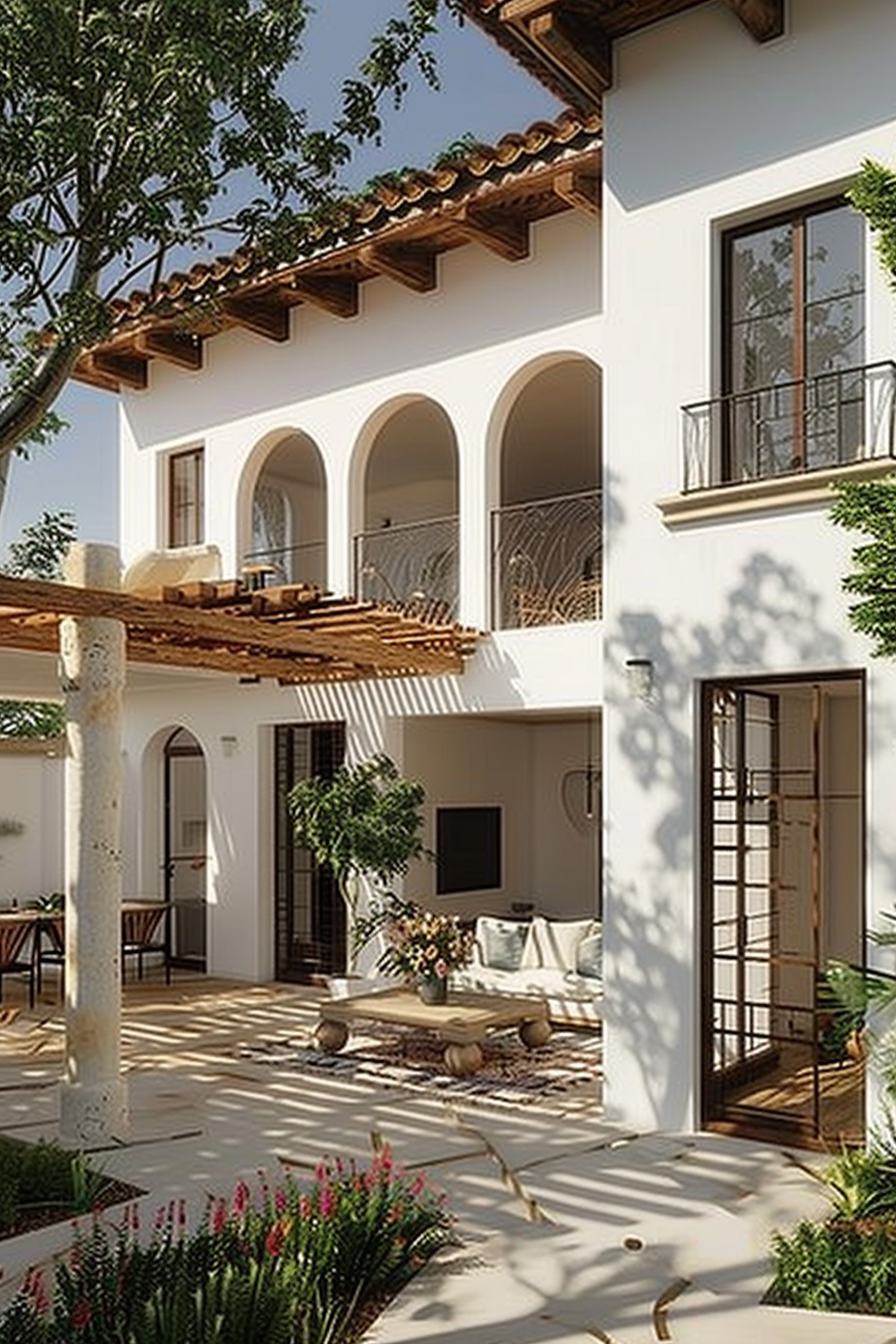 A tranquil patio of a Mediterranean-style villa with archways, a tiled roof, lush greenery, and comfortable outdoor seating.