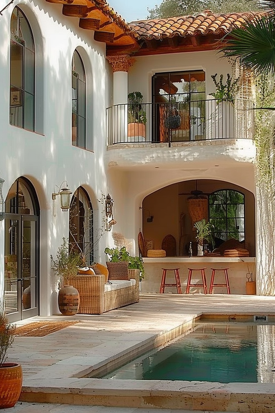 A two-story Spanish-style villa with a balcony overlooking a small pool, surrounded by terracotta pots and cozy outdoor furniture.