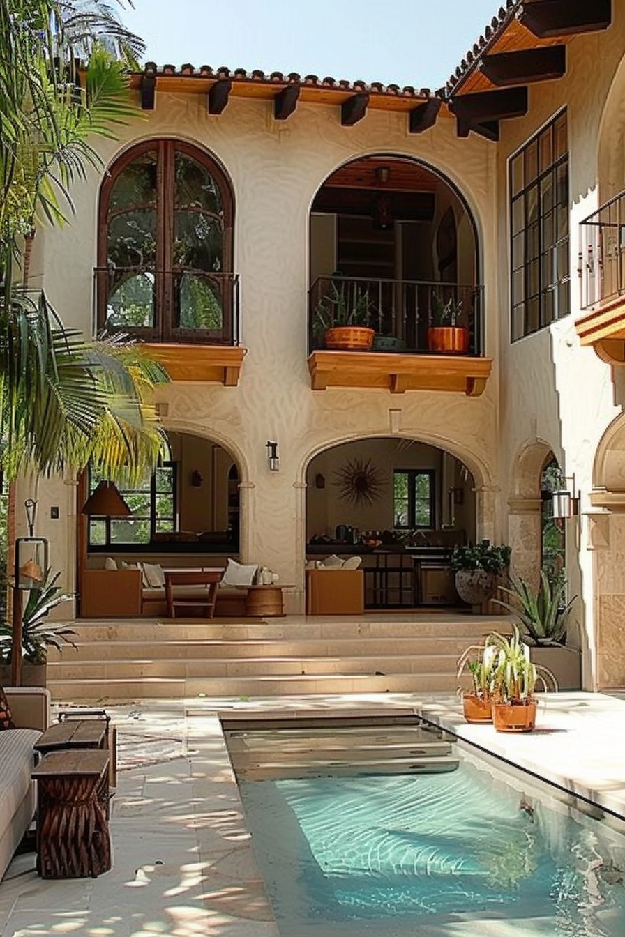 Luxurious Mediterranean-style house with a swimming pool, arched doorways, balconies, and lush palm trees.