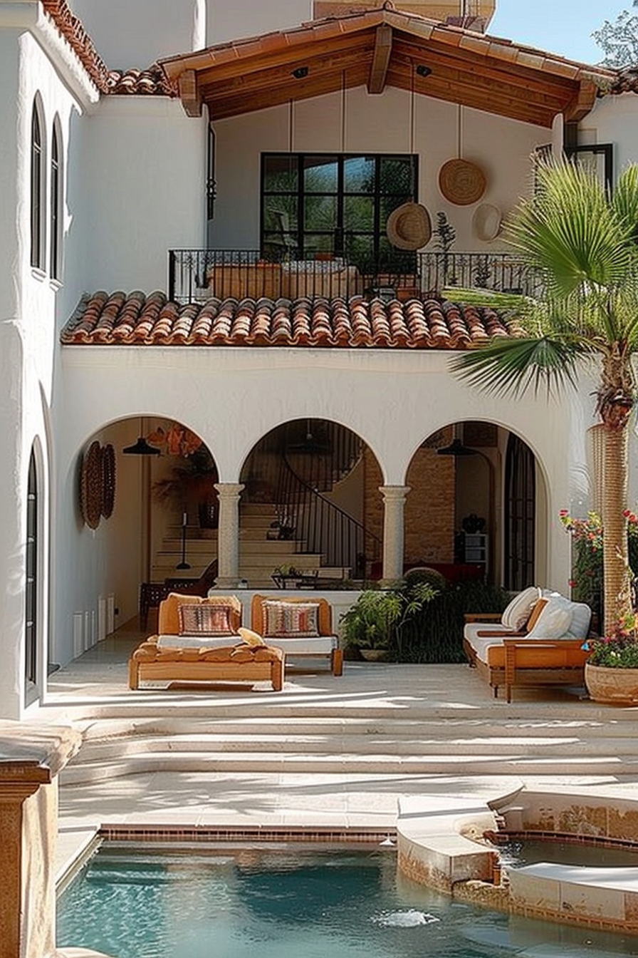 Elegant Mediterranean-style courtyard with archways, a small pool, terracotta roof tiles, and cozy outdoor seating area.