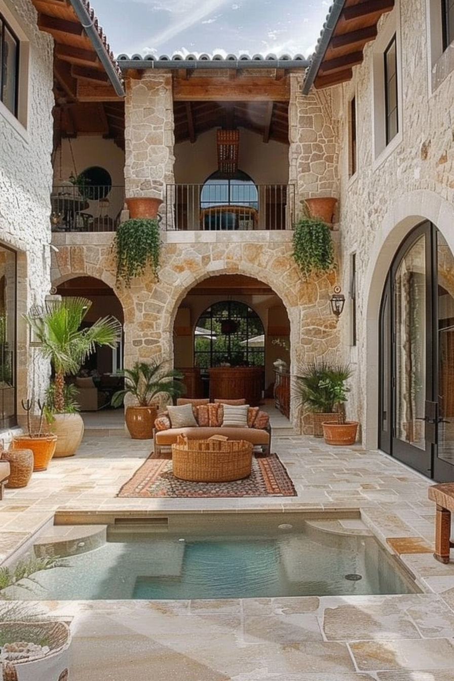 ALT: A cozy outdoor courtyard with a small pool, surrounded by stone arches, wicker furniture, potted plants, and an upper balcony.