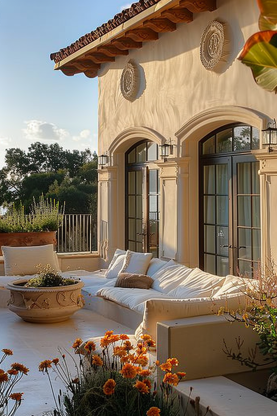 Sunlit Mediterranean-style balcony with built-in seating, plush cushions, decorative plants, and orange flowers, overlooking a scenic view.