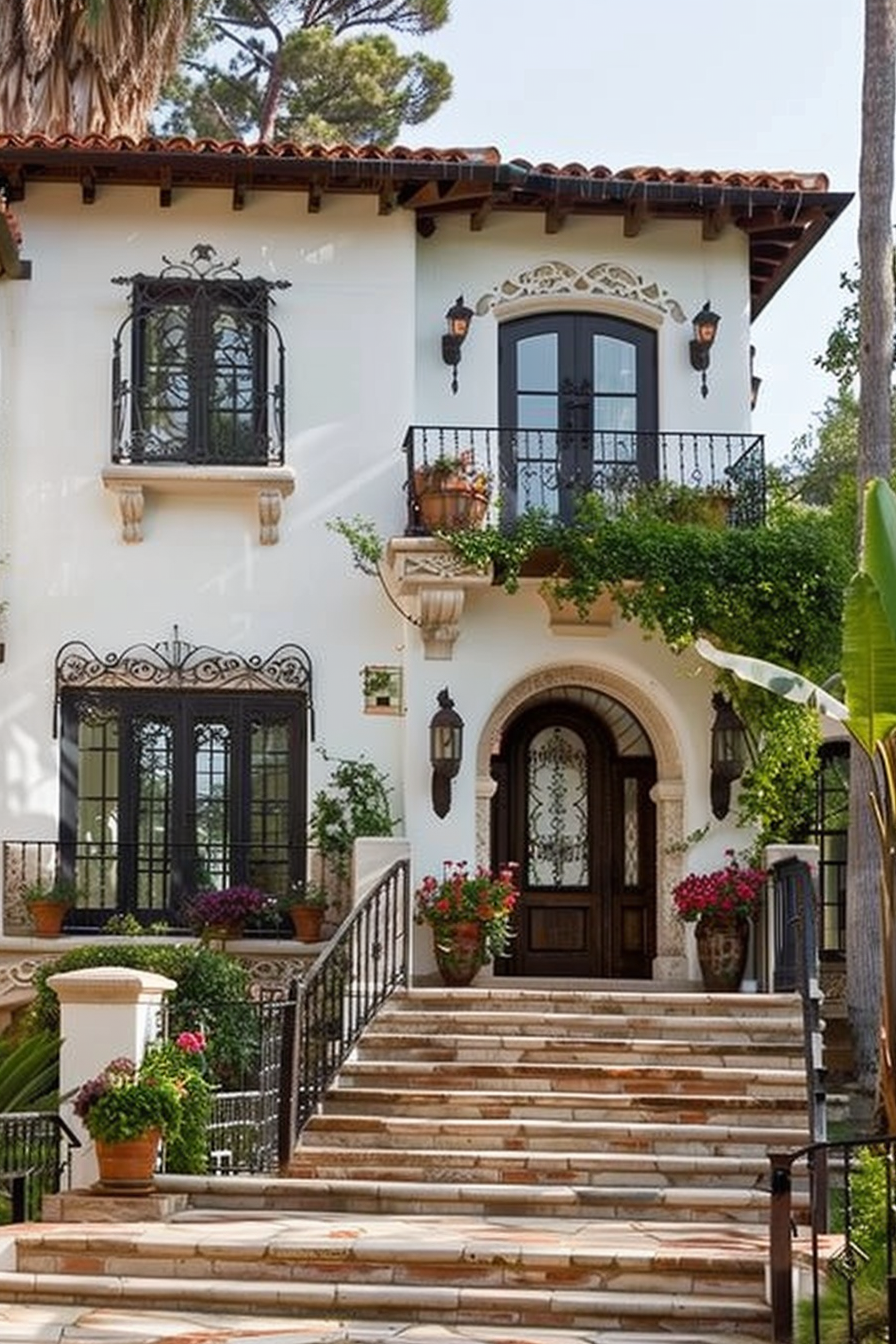 Elegant Mediterranean-style home facade with arched entryway, balcony, iron details, and potted plants on terracotta-tiled stairs.